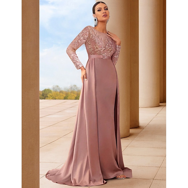 A-Line Mother of the Bride Dress Wedding Guest Elegant Scoop Neck Sweep / Brush Train Stretch Satin Long Sleeve with Lace Sash / Ribbon Ruching4