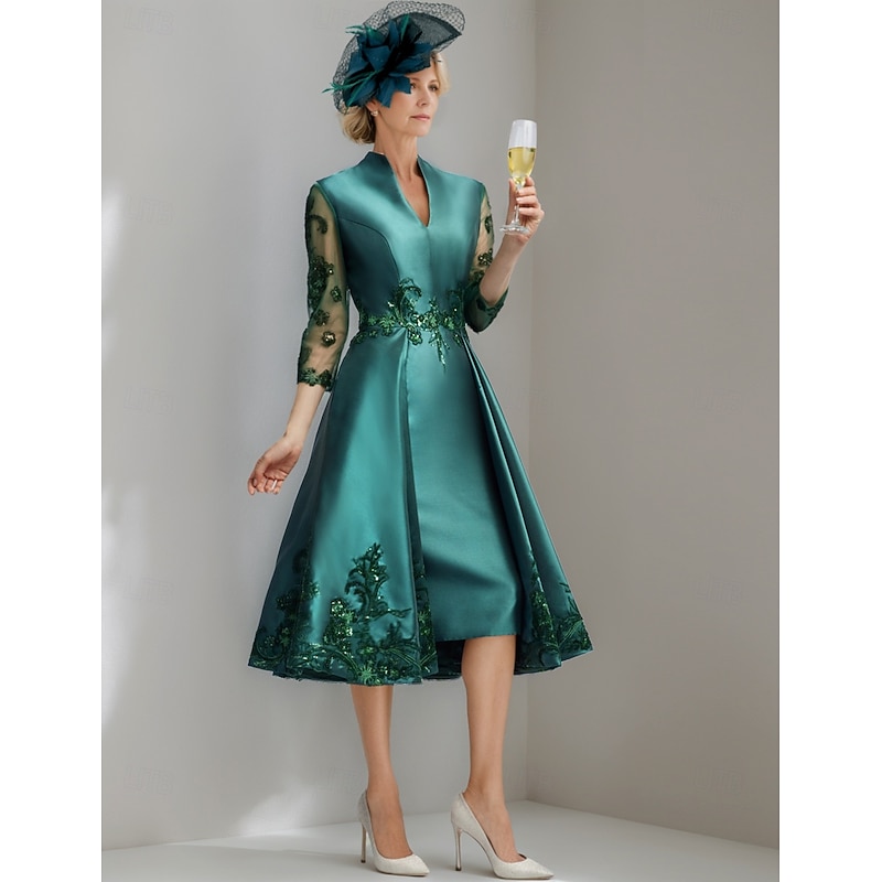 A-Line Mother of the Bride Dress Elegant Vintage V Neck Tea Length Satin 3/4 Length Sleeve with Lace Solid Color