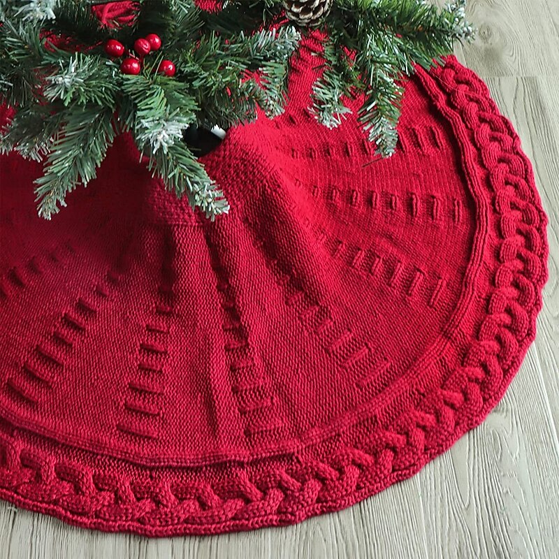 Christmas Tree Skirt Knitted Design,  Red/ White Xmas Decoration for Trees, Ideal Holiday Gift and Home Decor Accent