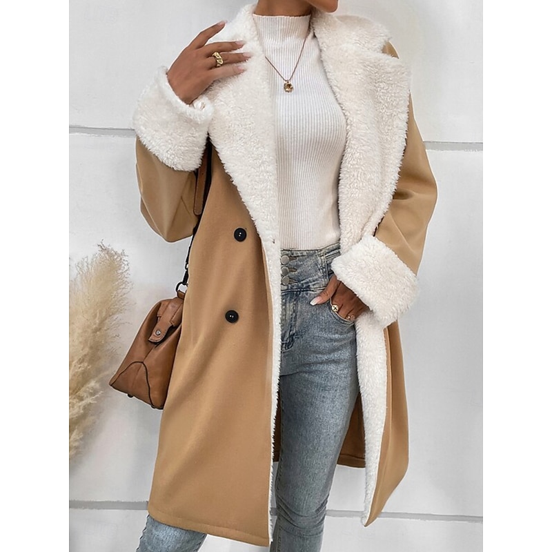 Women's Winter Coat Teddy Coat Windproof Warm Buttons Fur Collar Elegant Outdoor Solid Color Work Casual Double Breasted Turndown Loose Fit Long Sleeve Outerwear Khaki Fall Winter3