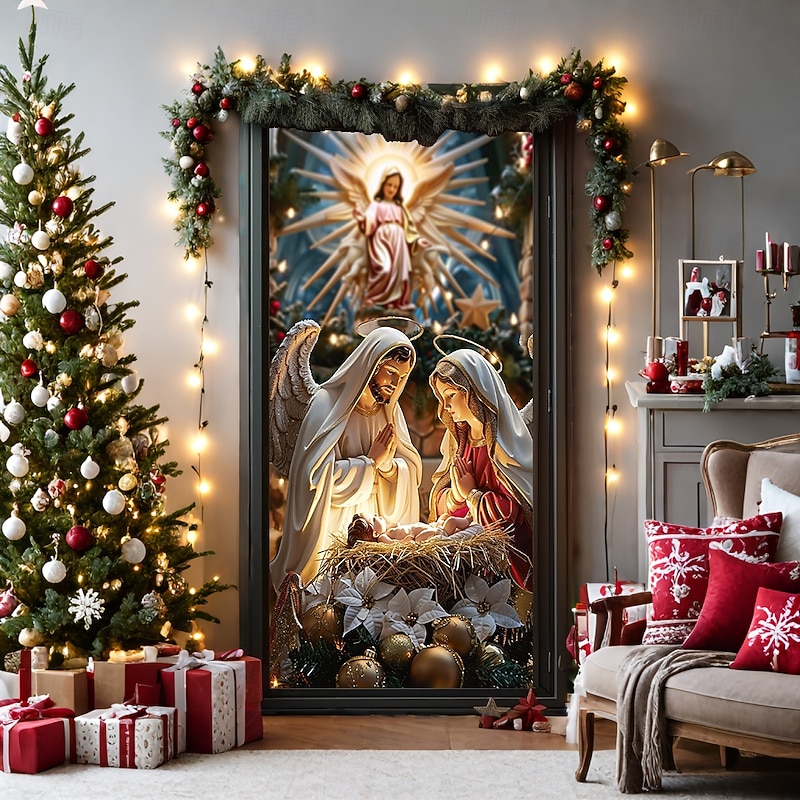 Christmas Door Decorations Door Covers Nativity Scene Door Tapestry Door Curtain Decoration Backdrop Door Banner for Front Door Farmhouse Christmas Holiday Party Decor Supplies Gift Indoor/Outdoor3