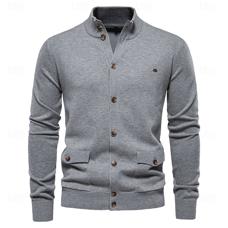 New Mens Knit Stand Mock Neck Cotton Cardigan Casual Social Autumn Button-up Sweater Jacket for Men