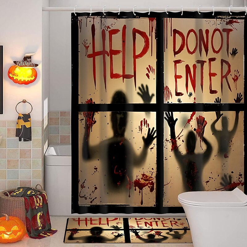 Halloween Pattern Shower Curtain with Hooks for Bathroom Barn Door Bathroom Decor Set Polyester Waterproof 12 Pack Plastic Hooks