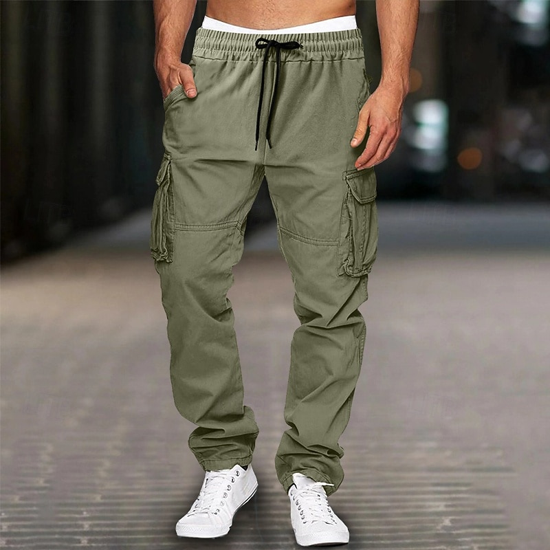 Men's Cargo Pants Trousers Casual Pants Drawstring Elastic Waist Multi Pocket Plain Comfort Soft Full Length Outdoor Casual Daily Fashion Streetwear Black Green