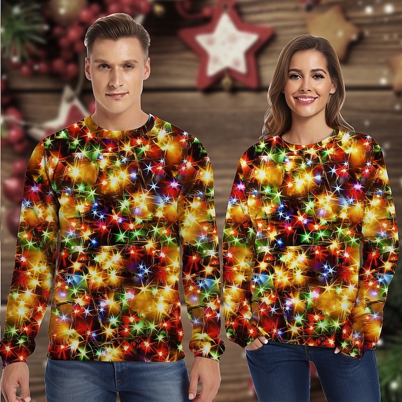 Christmas Christmas Lights Pullover Funny Christmas Sweatshirt 3D Print 3D Christmas Front Pocket Graphic For Couple's Men's Women's Adults' Christmas Masquerade 3D Print Party Festival