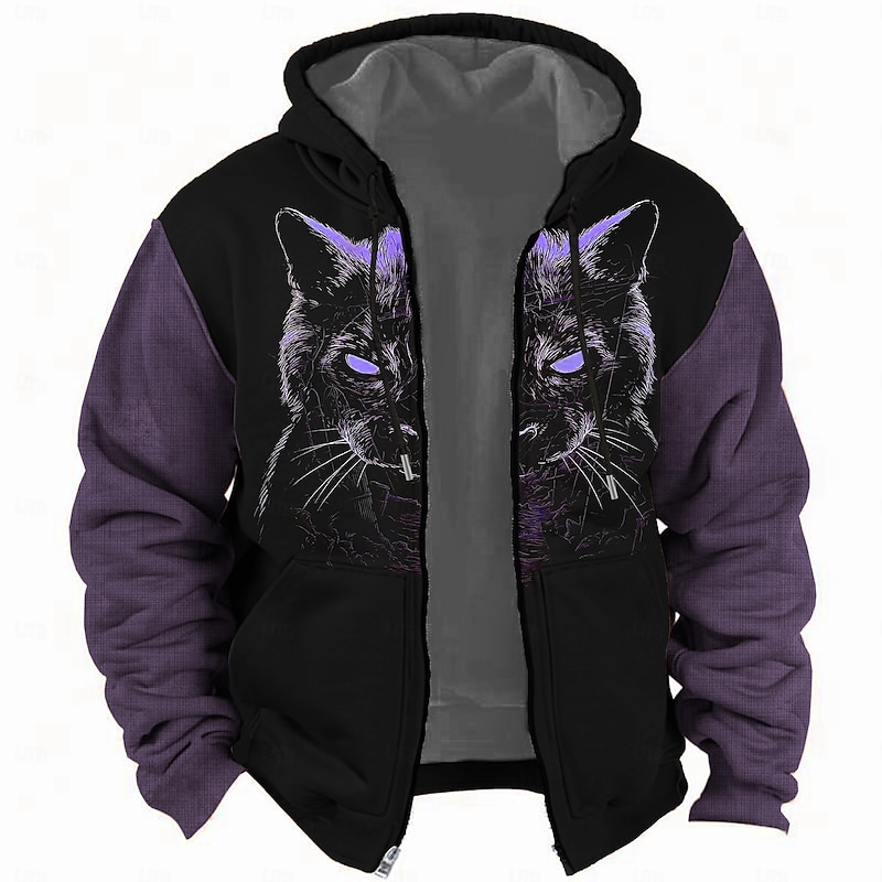 Christmas Men's Cat Hoodie Hoodies Sweatshirt Fashion Daily Long Sleeve Hooded Holiday Travel Yellow Blue Drawstring Zipper Pocket Fall Winter Designer4