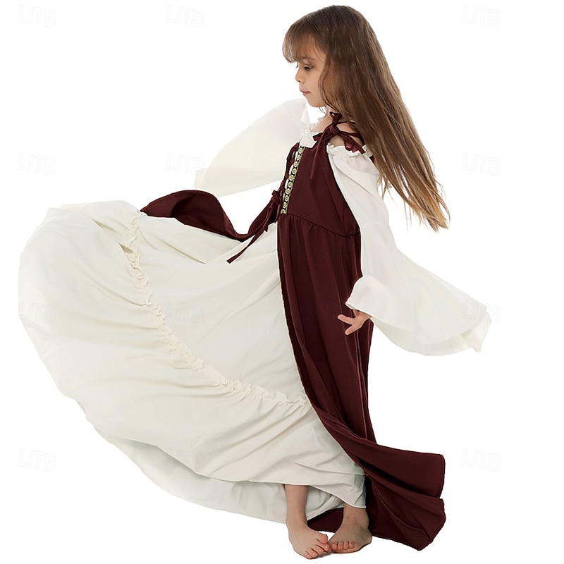 Retro Vintage Medieval Renaissance Dress Chemise OverDress Viking Irish Elven Fancy Dress Girls' Celtic Halloween Carnival Mardi Gras Performance Party LARP Kid's Dress2