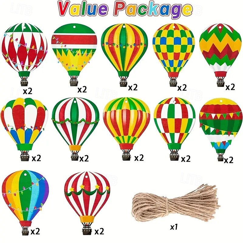 24pcs Christmas Wooden Ornaments Set - Vintage Wooden Hot Air Balloon Style for Seasonal & Festival Home Decoration, with Hanging Rope, Ideal for Thanksgiving, Christmas & Halloween Xmas Decoration4