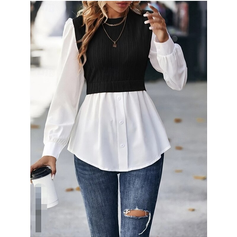 Women's Blouse Stylish Modern Long Sleeve Regular Tops Crew Neck Work Daily Black Spring Fall Winter3
