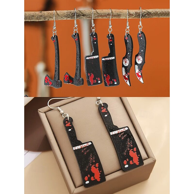 Halloween Knife Earrings with Blood Splatter Design – Scary Costume Jewelry for Women's Horror Themed Parties3