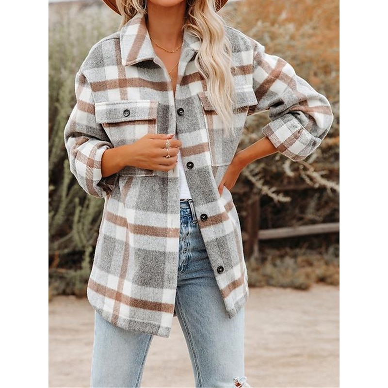 Women's Shirt Jacket Shacket Warm Breathable Buttons Pocket Print Casual Plaid Vacation Street Daily Wear Going out Single Breasted Regular Turndown Regular Fit Long Sleeve Outerwear Black Khaki3