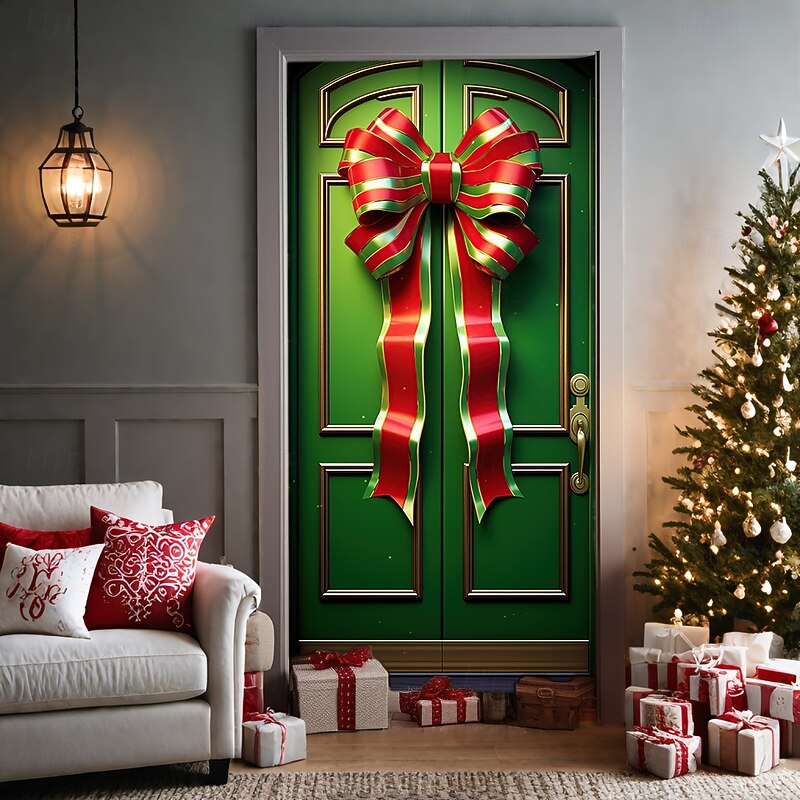 Christmas Door Decorations Door Covers Xmas Bow Tie Door Tapestry Door Curtain Decoration Backdrop Door Banner for Front Door Farmhouse Christmas Holiday Party Decor Supplies Ornaments Indoor/Outdoor 14