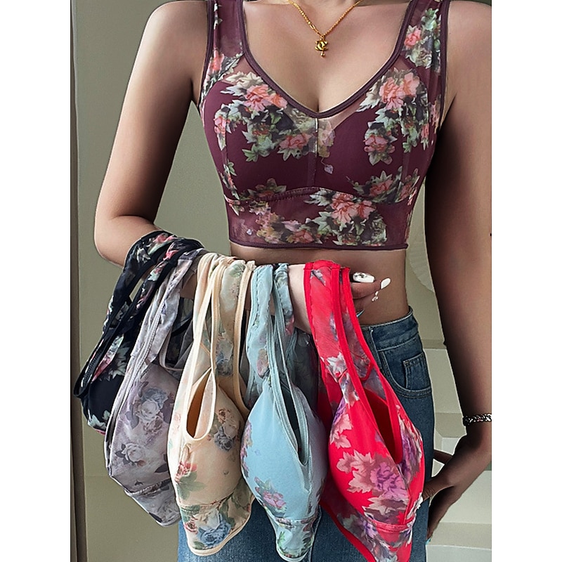 Women's Mesh Floral Print Bra Graphic Bra Wirefree Non Padded Full Coverage Solid Moulded Everyday Bra Home Outfits3