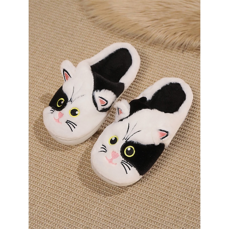 Women's Plush Cat Face Slippers – Cozy Furry Indoor Footwear with Cute Animal Design for Winter Comfort