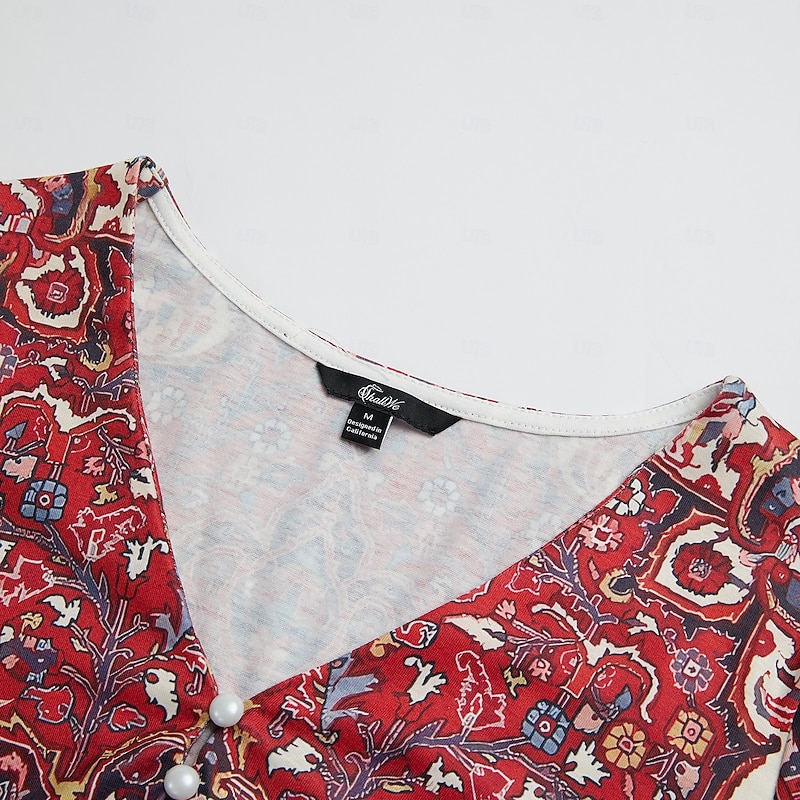 Women's T Shirt Henley Shirt Floral Vintage Ethnic Daily Basic 3/4 Length Sleeve V Neck Regular Tops Holiday Weekend Buttons Print Red Purple Green Khaki Gray Fall & Winter4