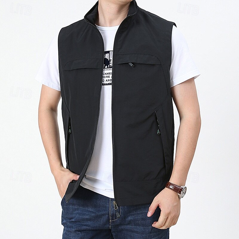 Men's Vest Gilet Fishing Vest Hiking Vest Daily Date Vacation Fashion Casual Spring &  Fall Pocket Nylon Comfortable Mountain Zipper Stand Collar Regular Fit Black Khaki Army Green Dark Blue Vest3