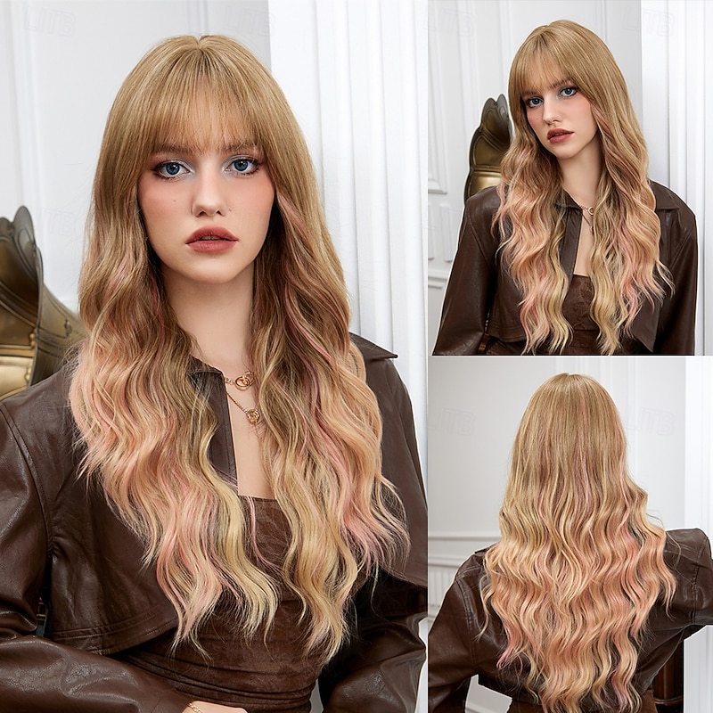 Synthetic Wig Curly Wavy Neat Bang With Bangs Machine Made Wig 26 inch Gold Pink Synthetic Hair Women's Cute Cosplay Party Blonde