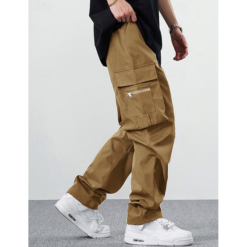 Men's Cargo Pants Trousers Casual Pants Drawstring Multi Pocket Straight Leg Plain Comfort Soft Full Length Outdoor Daily Going out Fashion Streetwear Black Khaki Micro-elastic3