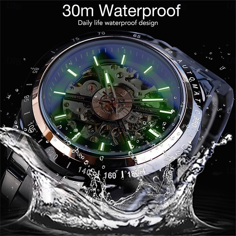 FORSINING Men Mechanical Watch Large Dial Sports Business Wristwatch Hollow Skeleton Automatic Self-winding Luminous Waterproof Stainless Steel Strap Watch3