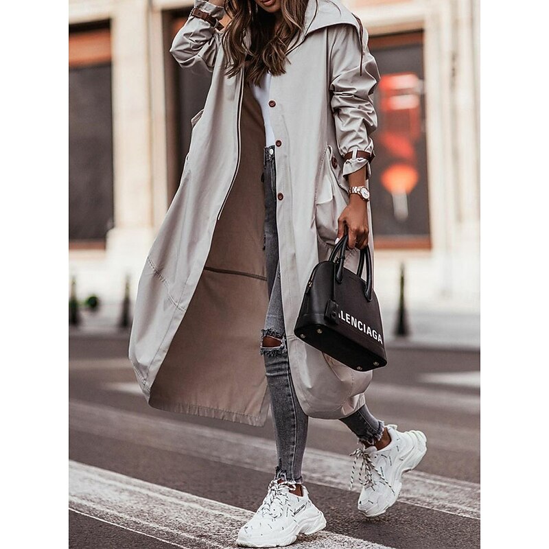 Women's Trench Coat Work Street Fall Winter Long Coat Loose Fit Comtemporary Stylish Casual Jacket Long Sleeve Solid Color with Pockets Black Green Gray3