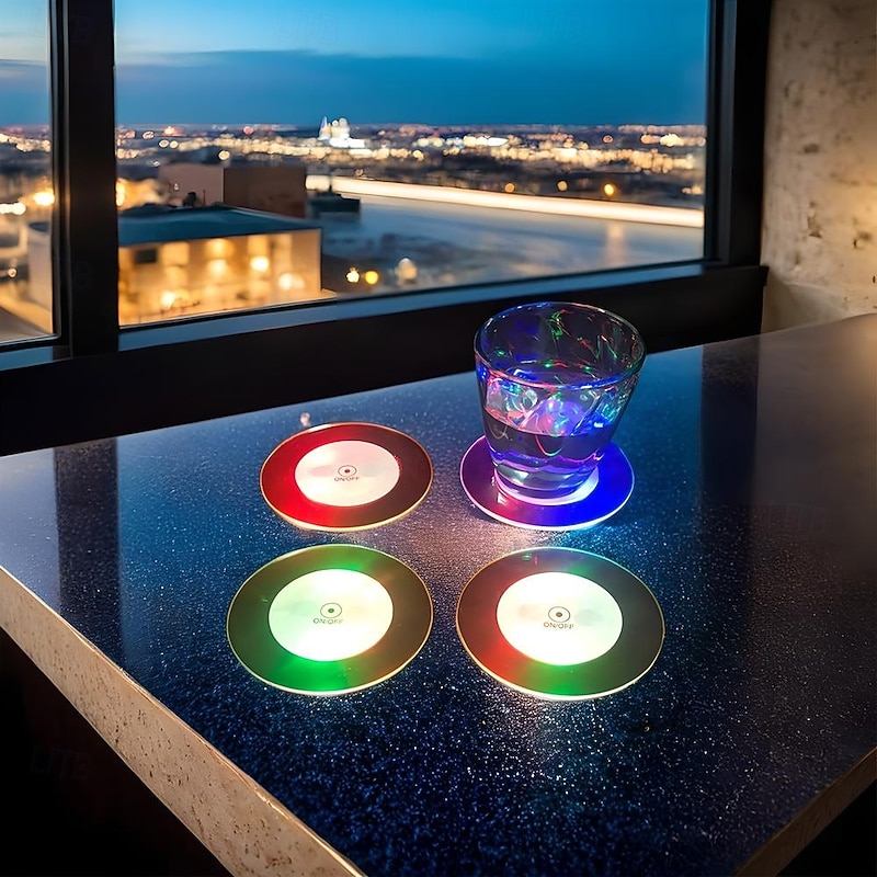 LED Cocktail Coaster Round Ultra-Thin LED Drink Coaster Luminous Coaster Non-Slip & Waterproof Transparent Beer Beverage Coasters for Club Party Wedding Christmas 1pc3