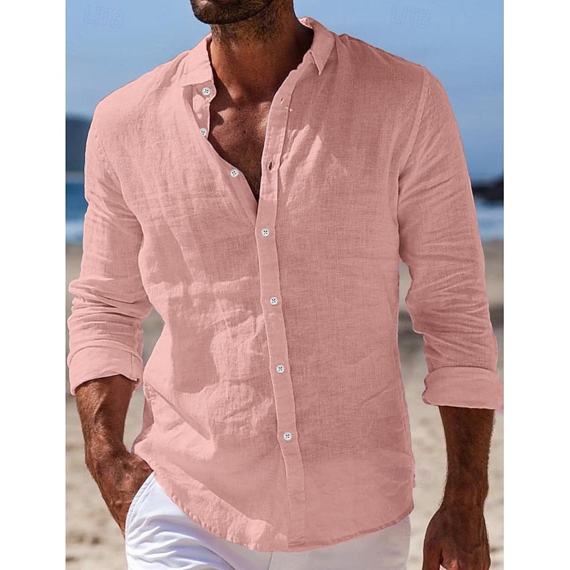 Men's Shirt Linen Shirt Summer Shirt Beach Wear Button Up Shirt Plain Vacation Casual Black White Pink Navy Blue Long Sleeve Turndown Spring & Summer Clothing Apparel