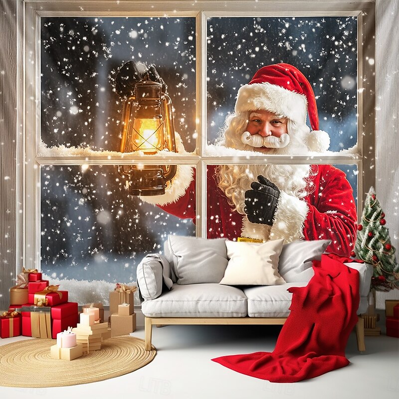 Christmas Decorations Hanging Tapestry Santa Outside Window Wall Art Large Tapestry Mural Decor Photograph Backdrop Blanket Curtain Home Bedroom Living Room Decoration4