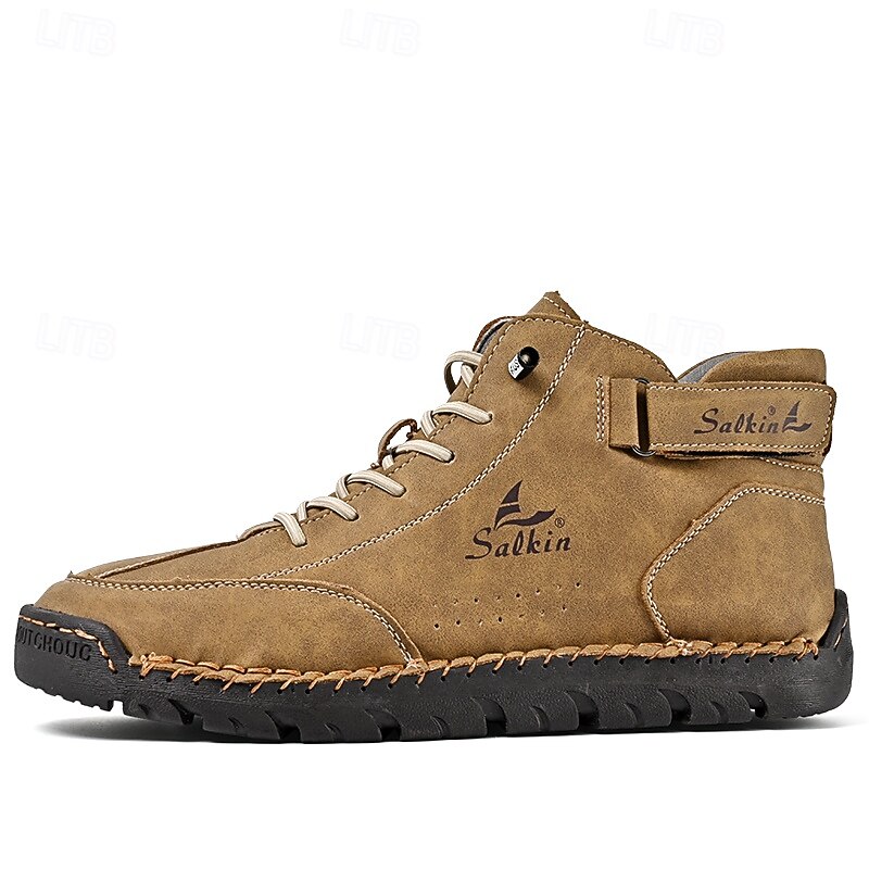 Men's Brown Faux Leather High-Top Ankle Boots – Handcrafted Stitching, Lace-Up Design with Velcro Strap, Rugged Non-Slip Sole for Outdoor Wear3