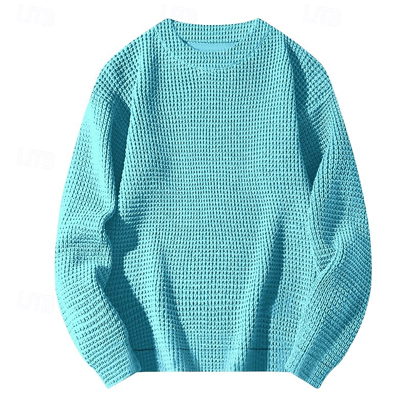 Men's Sweater Waffle Knit Tee Tee Top Long Sleeve Shirt Long Sleeve Crew Neck Spring &  Fall Cross-Seasons Solid Color Vacation Daily Casual Classic Style Outdoor Street Causal Light Blue Apricot Gray3