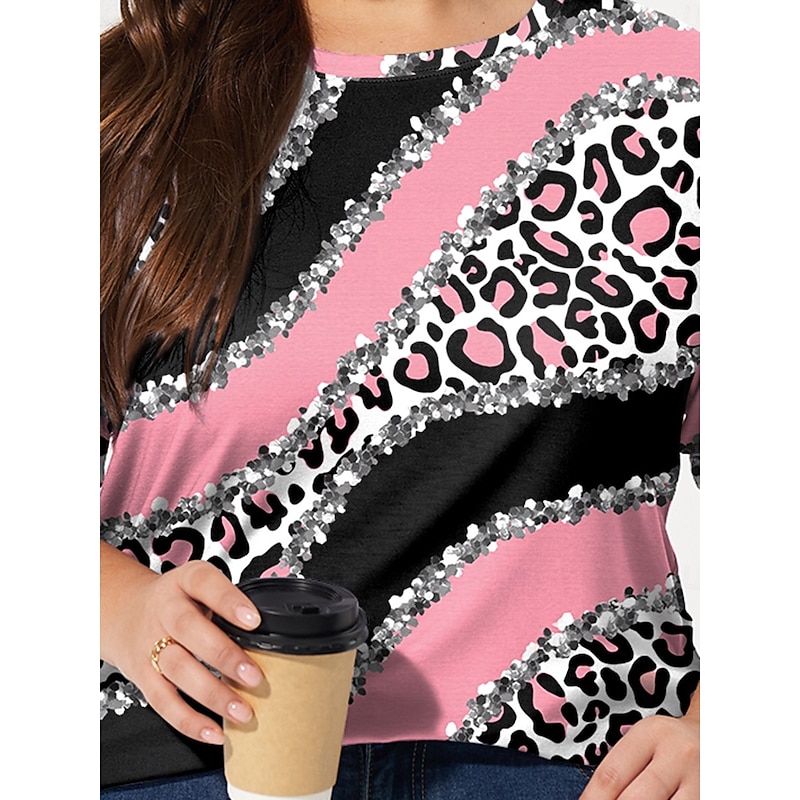 Women's Plus Size Tops T shirt Tee Leopard Color Block Print Long Sleeve Crew Neck Casual Daily Fall Winter Pink Prefall3