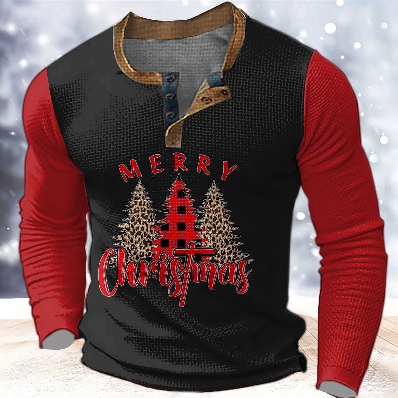 Christmas Men's Christmas tree Henley T Shirt Graphic Tree Fashion Designer Casual 3D Print Henley Waffle Sports Outdoor Holiday Festival Black Red & White Green Long Sleeve Henley Spring