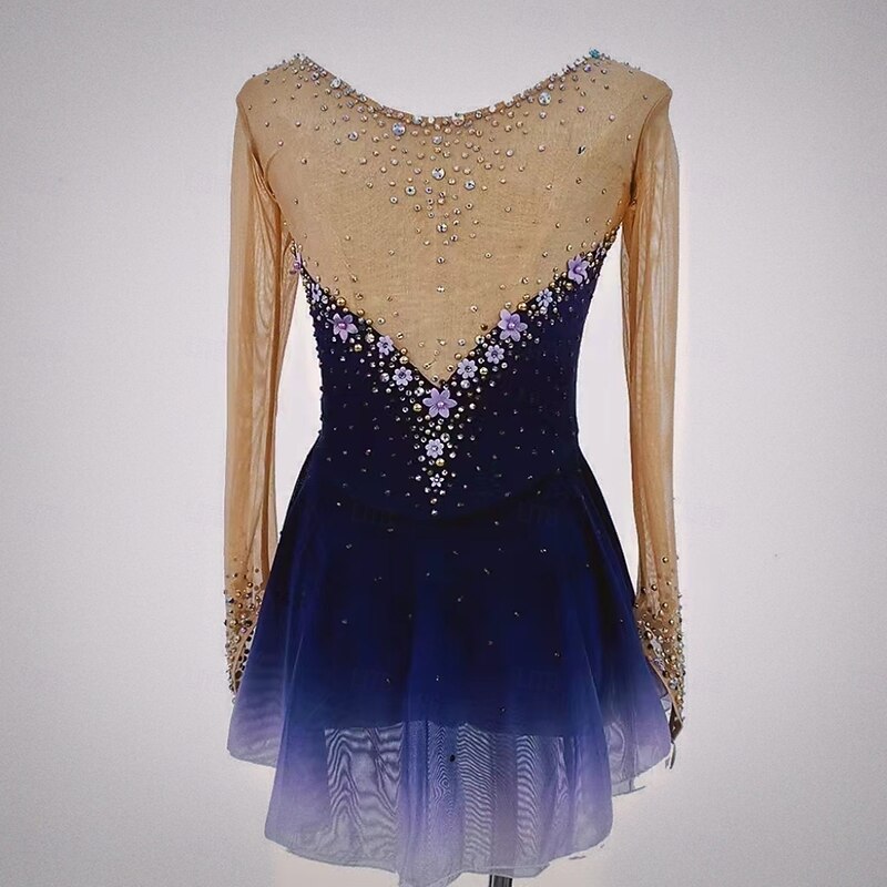 Figure Skating Dress Women's Girls' Ice Skating Dress Purple Dark Blue Thumbhole Halo Dyeing Mesh Spandex Stretchy Training Practice Professional Skating Wear Thermal Warm Classic Crystal / Rhinestone2