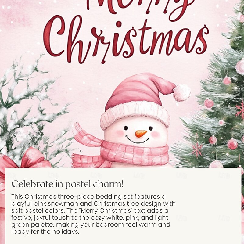 Christmas Duvet Cover Set in Pink with Snowman Design Xmas Festive Holiday Bedding Includes Duvet Cover and Pillowcases Perfect for Adding a Whimsical Seasonal Touch to Your Bedroom3