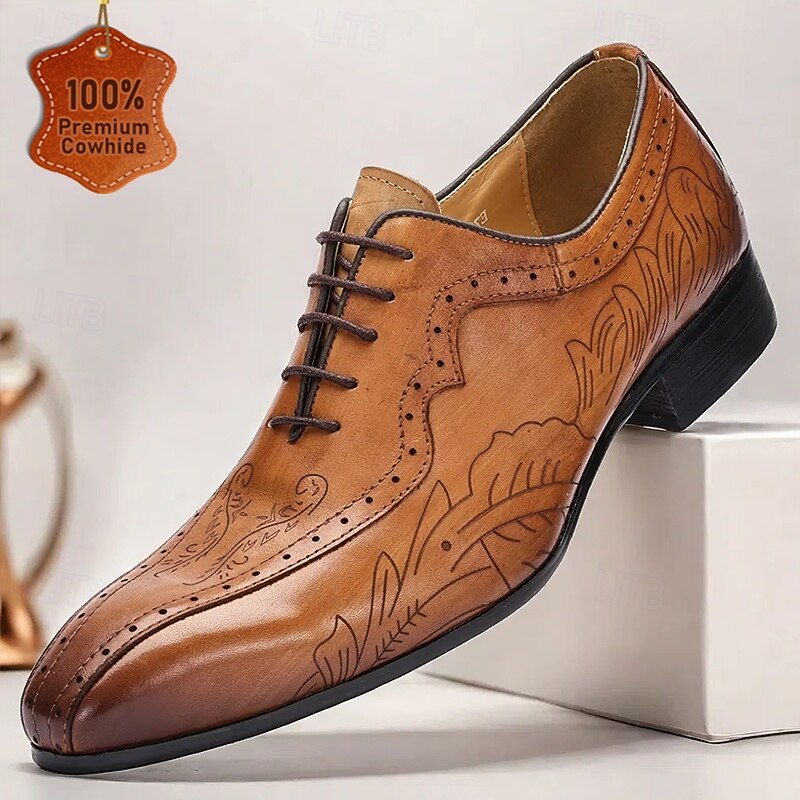 Men's Premium Cowhide Leather Oxford Shoes – Hand-Carved Floral Design Lace-Up Brogue Dress Shoes for Formal Occasions