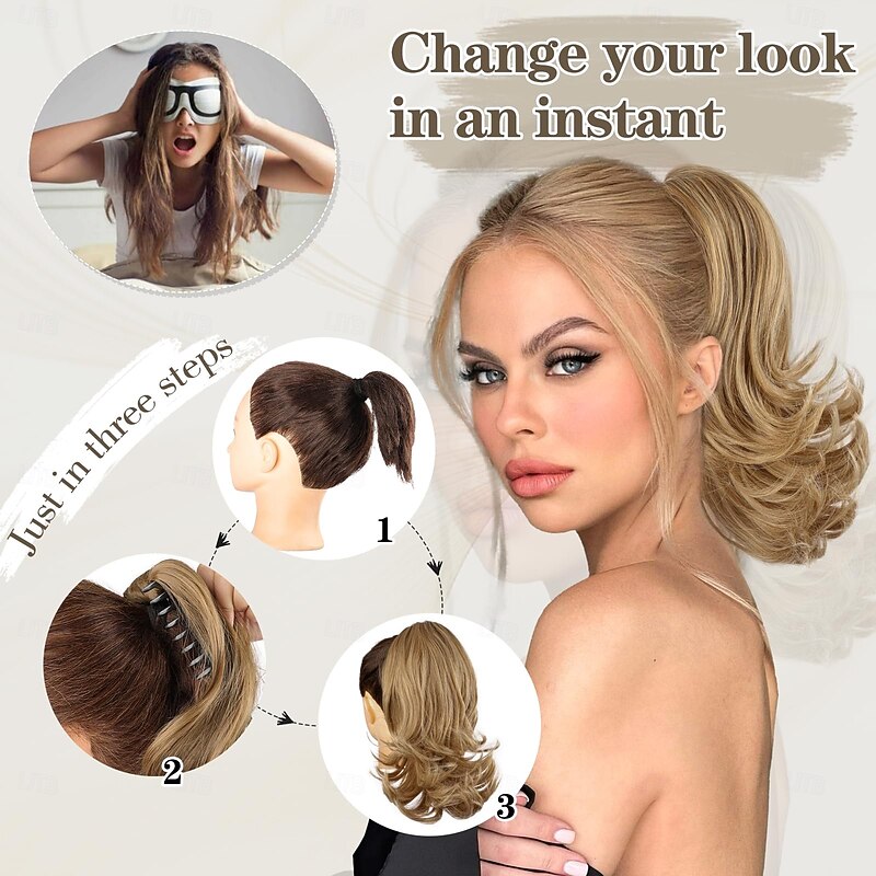 12 Inch Pony Tails Hair Extensions, Short Thick Ponytail Extension Clip in Claw Pony Tails Hair Extensions for Women Natural Curly Fake Ponytail Hair Piece for Daily Use4