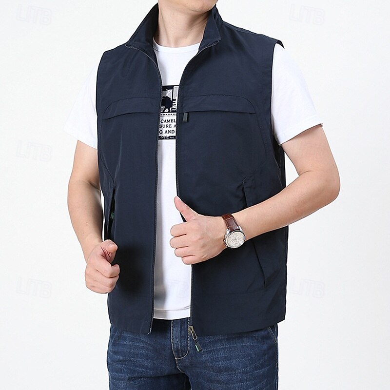 Men's Vest Gilet Fishing Vest Hiking Vest Daily Date Vacation Fashion Casual Spring &  Fall Pocket Nylon Comfortable Mountain Zipper Stand Collar Regular Fit Black Khaki Army Green Dark Blue Vest2
