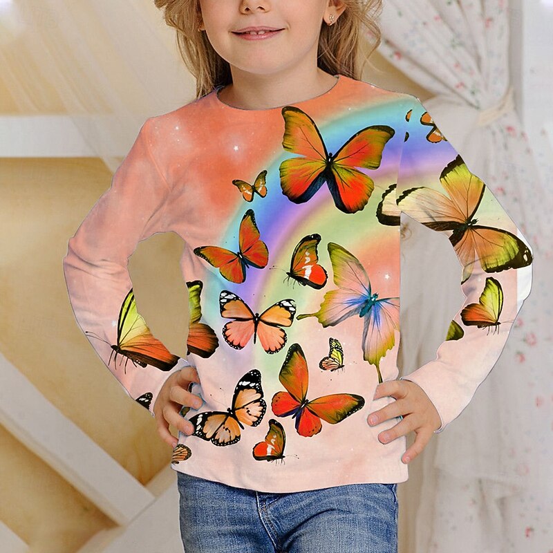 Girls' 3D Graphic Butterfly T shirt Tee Long Sleeve Spring Fall Fashion Basic Kids 4-12 Years Crew Neck Outdoor Casual Daily Regular Fit2