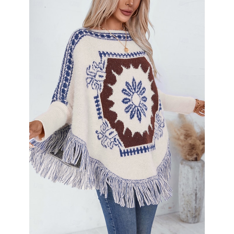 Women's Cape Daily Casual Graphic Geometric Print Boat Neck Knitted Long Sleeve Regular Tops Knit Home Work Black Beige Fall Winter3