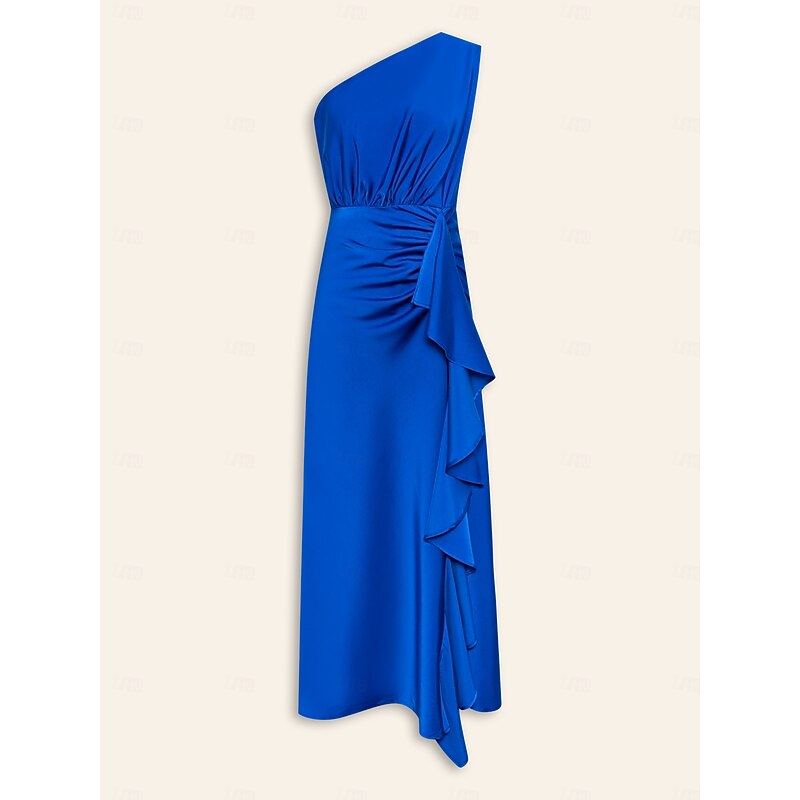 Satin Blue Sleeveless One Shoulder Ruffle Maxi Dress 10