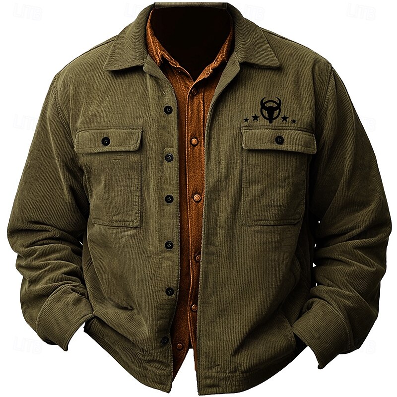 Men's Solid Color Cow Shirt Jacket Overshirt Long Sleeve Vintage Tribal Dailywear Fall & Winter Collared Shirts Button Up 3D Print 2 Pockets 1pc Army Green Navy Blue Brown4