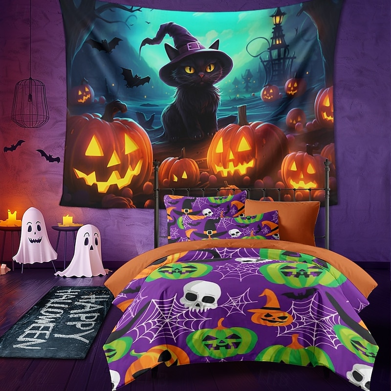 Halloween Decorations Blacklight Tapestry UV Reactive Glow in the Dark Glow Party Jack O Lantern Pumpkins Psychedelic Trippy Misty Bat Hanging Tapestry Wall Art Mural for Living Room Bedroom Black Cat4