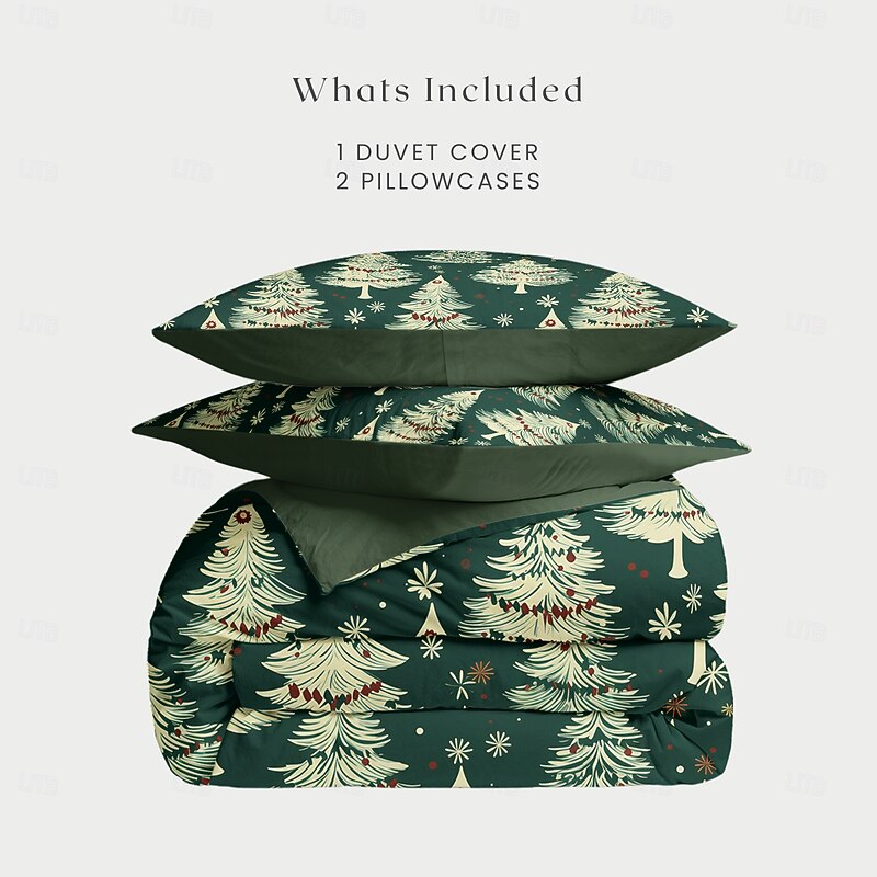 Christmas Duvet Cover with Christmas Tree Design 100% Cotton Festive Holiday Christmas Comforter Set Full Includes Duvet Cover and Pillowcases Soft and Cozy Seasonal Bedroom Decor Queen King Size2