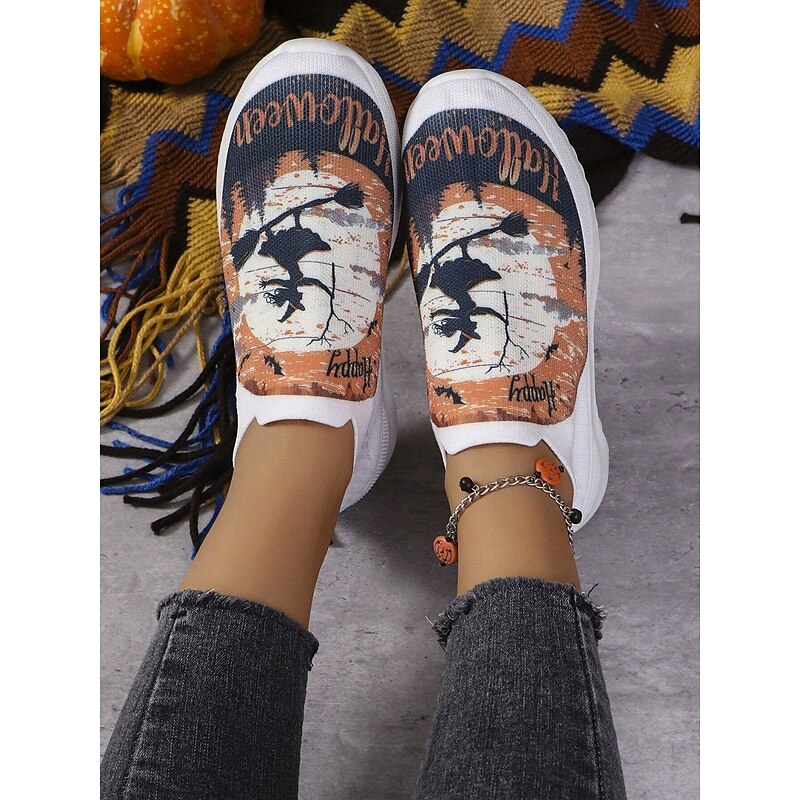 Women's Halloween Witch Print Slip-On Sneakers – Festive and Comfortable Knit Shoes for Casual Wear and Halloween Celebrations4