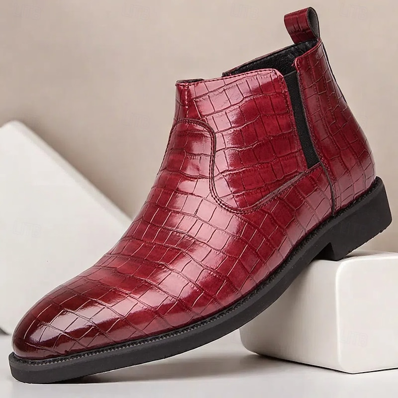 Men's Red Crocodile Pattern Chelsea Boots - Sleek Patent Faux Leather Ankle Boots for Christmas,Formal Events and Parties