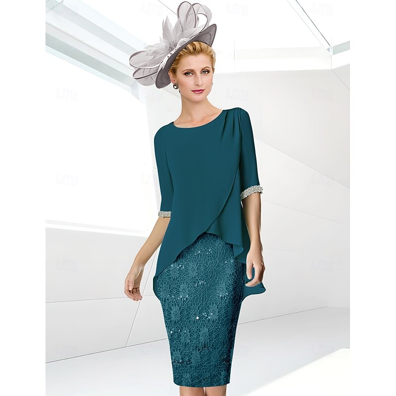 Beach Wedding Sheath Mother of the Bride Dress Elegant Jewel Neck Knee Length Sequined Stretch Chiffon Half Sleeve with Lace Ruching2