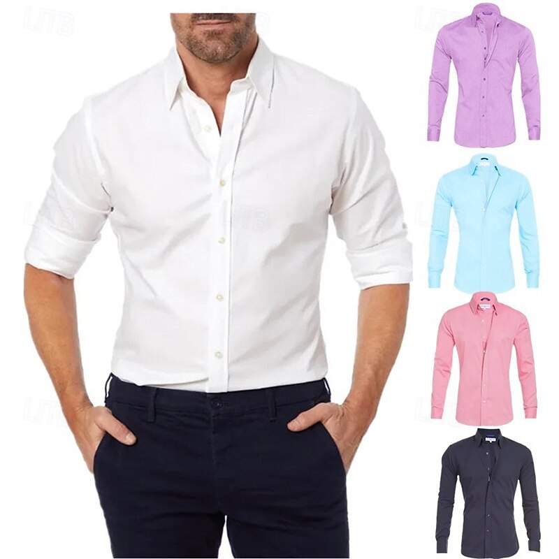 Men's Shirt Dress Shirt Button Up Shirt Plain Wedding Party Black White Pink Navy Blue Long Sleeve Lapel Spring &  Fall Clothing Apparel2