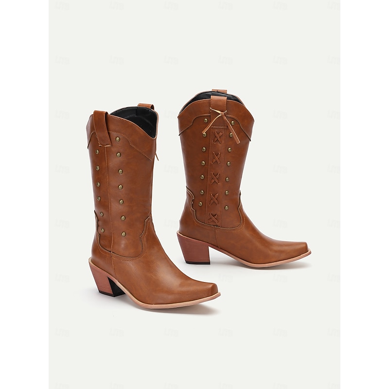 Women's Vintage Brown Leather Knee-High Cowboy Boots - Western Style with Distressed Finish4