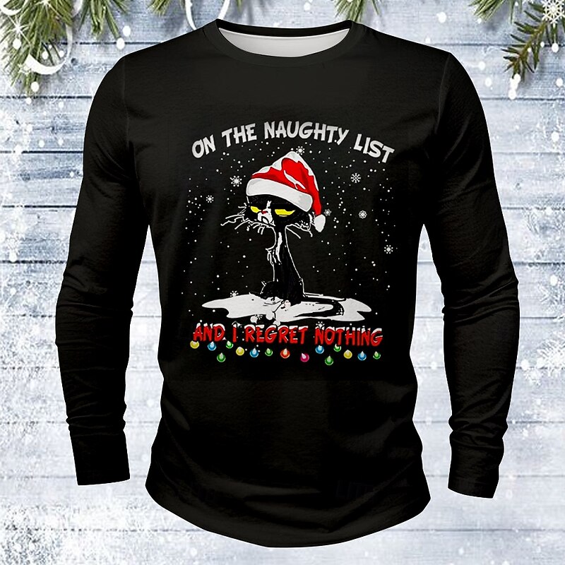 Christmas Men's Cat Hat T Shirt Long Sleeve T shirt 3D Print Crew Neck Shirt Vacation Designer Street Casual Black Summer Spring Fall Clothing Apparel S M L XL XXL XXXL