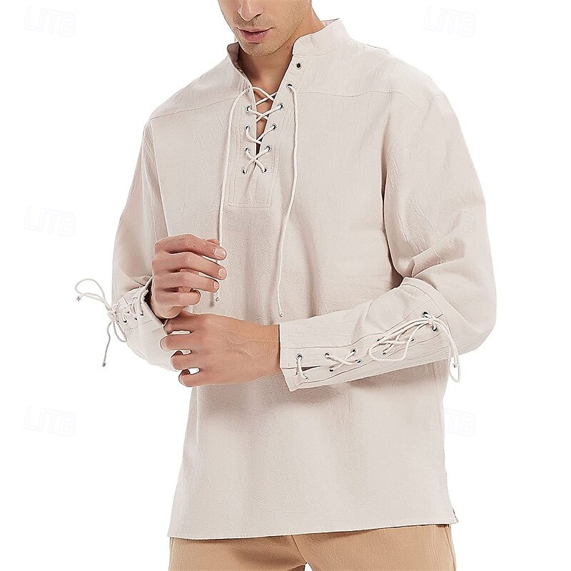 Men's Shirt Linen Shirt Popover Shirt Casual Shirt Cotton Shirt Plain Hawaiian Holiday Black White Wine Navy Blue Long Sleeve Stand Collar Spring &  Fall Clothing Apparel Lace up2