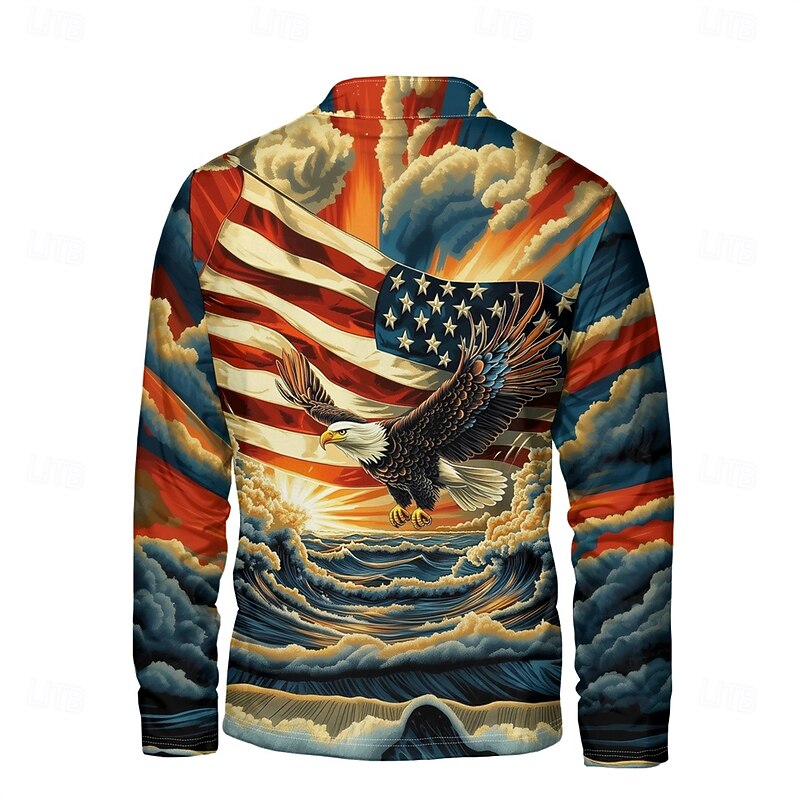 Men's Graphic American Flag Hoodies Daily Casual Long Sleeve Stand Collar Vacation Going out Streetwear Blue Print Fall Spring & Fall Designer 5